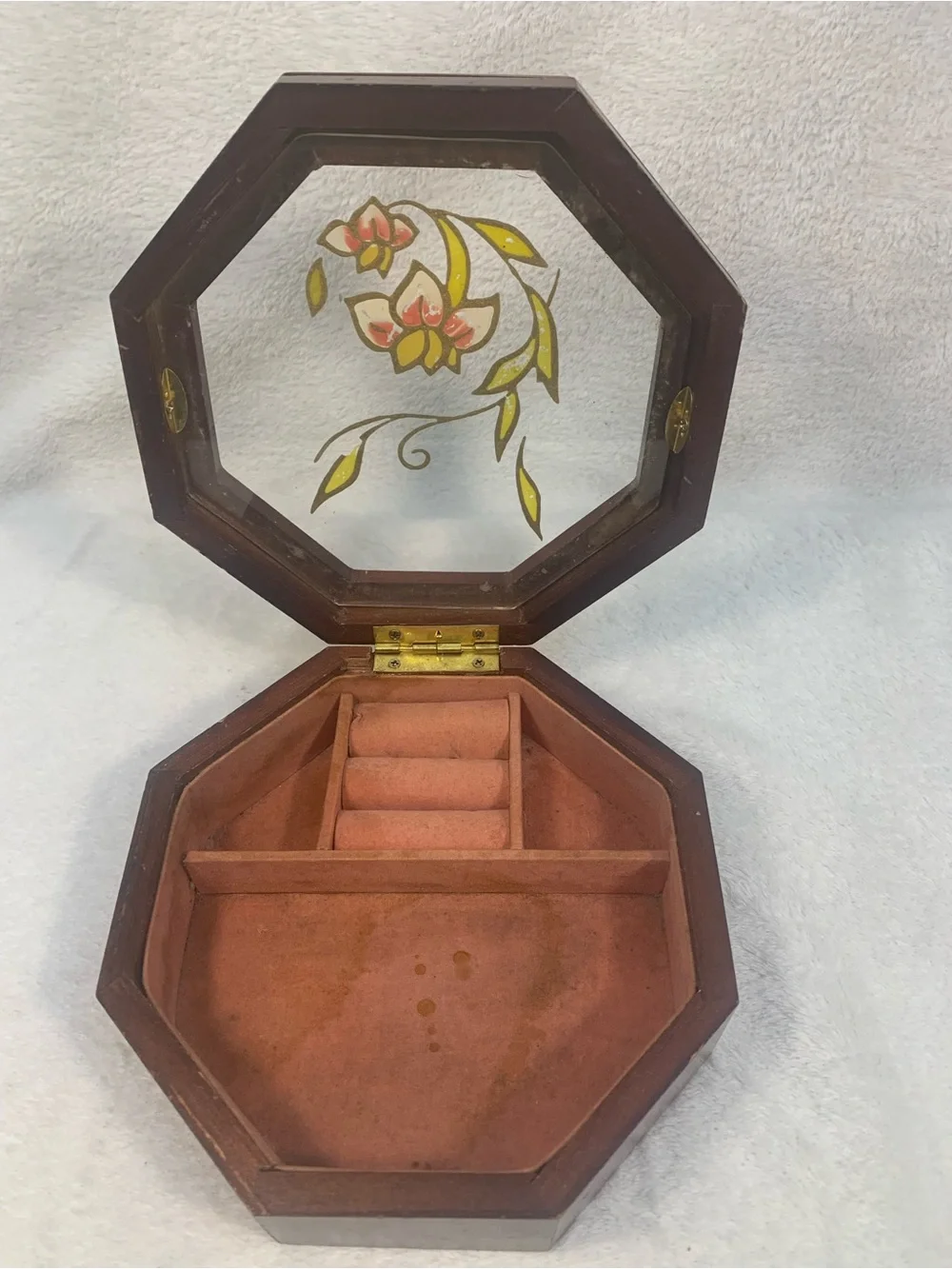 Cottagecore Grandma Octagonal Brown Floral Glass Jewelry Box - Velvet Inside